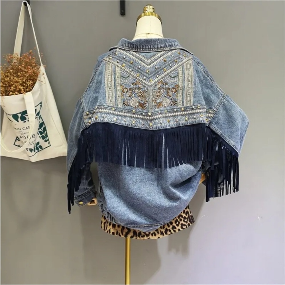 #53 New! Oversized Denim Stud Fringe Embroidered Jacket - Picture 4 of 5